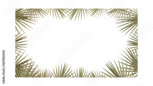 A natural frame created by green palm leaves and fronds on a clean white background, providing an empty central space.