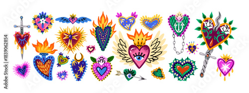 Traditional Mexican spiritual symbols set. Sacred hearts ornamented with flowers, doodles, burning fire and knives. Memorial signs of Mexico. Flat isolated vector illustrations on white background