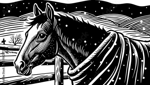 Very beautiful calm winter scene of a horse wearing a warm blanket near a wooden fence, surrounded by quiet snowfall and serene paddock atmosphere highlighting gentle care and peaceful countryside 