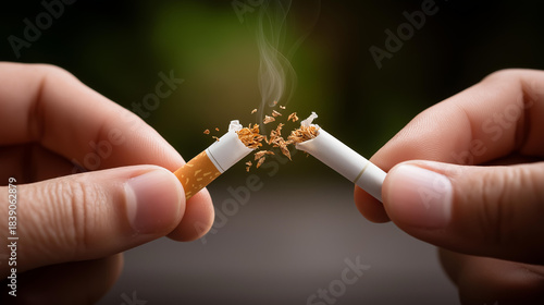 Breaking down cigarette into pieces, quitting from addiction concept, tobacco cessation visualization, nicotine dependency recovery, smoking habit termination, health improvement a