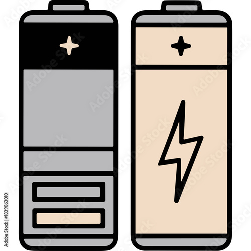 Two Cylindrical Batteries One Gray and One Beige with Electrical Bolt Symbol and Plus Sign on Black Background