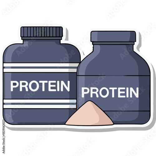 Two Dark Blue Protein Supplement Tubs With White Labels Showing The Word Protein And A Small Pile Of Light Brown Powder In Front Of Them Isolated On A White Background With A Subtle Drop Shadow