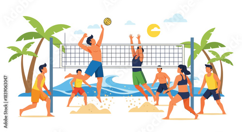 Beach volleyball game with people playing on the sandy shore during summer.