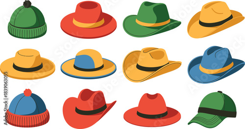 Colorful Cartoon Hat Collection Beanies, Cowboy Hats, Fedora, Sun Hats, and Baseball Caps