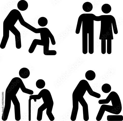 Helping people icon set – support, caregiving, assistance and rehabilitation symbols