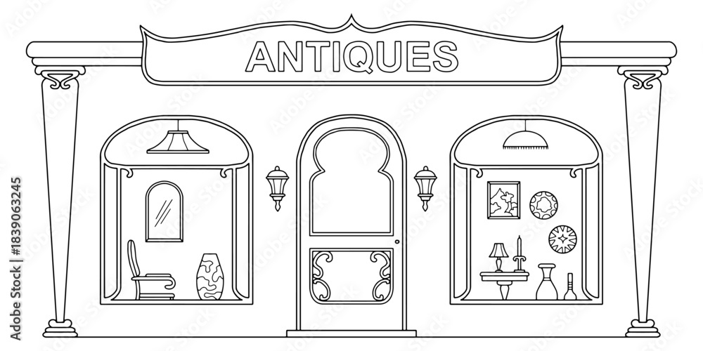 Naklejka premium Antique store building graphic black white sketch illustration vector