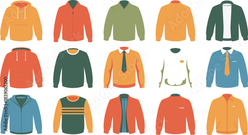 Styled Illustration of Various Shirts, Hoodies, and Jackets on White Background
