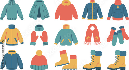 Colorful Cartoon Winter Clothing Sweaters, Jackets, Scarves, Mittens, Hat, Boots in a Flat Style