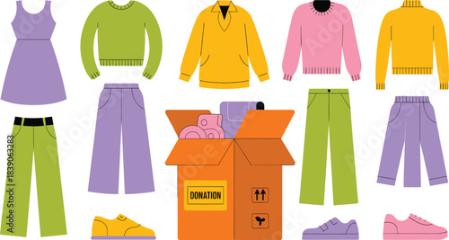 Donation Dress, Sweaters, Pants, Shoes in an Open Box for Charity