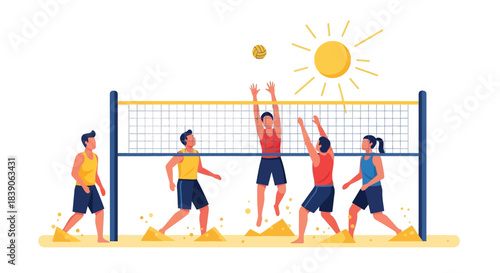Beach volleyball game with players jumping and hitting the ball over the net.