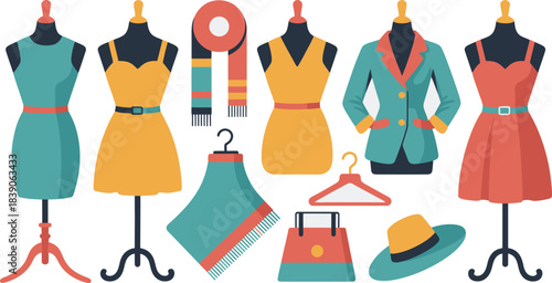 Colorful Flat Fashion Collection Dresses, Scarf, Poncho, Handbag, Hanger, and Hat Illustration