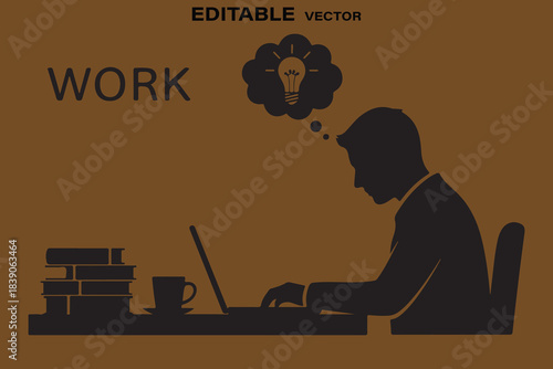 Silhouette of a businessman working on a laptop with an idea lightbulb in his thought bubble
