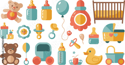 Colorful Illustration Baby Items, Including Crib, Teddy Bears, Bottles, Pacifiers, and Toys