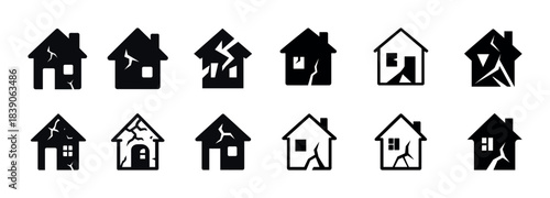 Set of 10 earthquake-damaged house icons