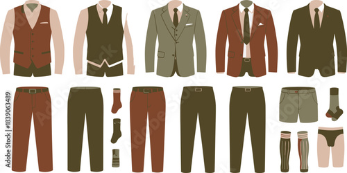 Colorful Illustration Menswear Clothing Items including Suits, Pants, Socks, and Underwear