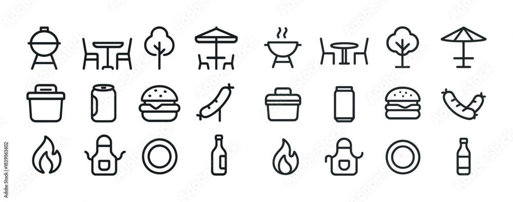 Fototapeta premium Minimalist bbq icons collection: grills, food, outdoor furniture, and accessories