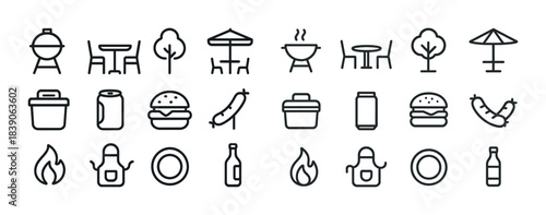 Minimalist bbq icons collection: grills, food, outdoor furniture, and accessories