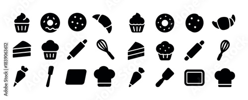 Assorted baking icons: cupcakes, donuts, cookies, and kitchen utensils