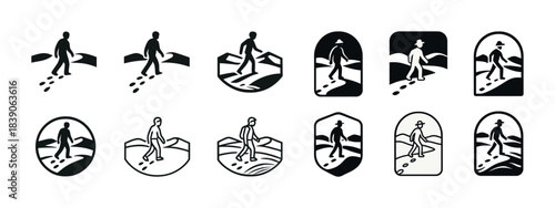 Set of hiking icons featuring silhouettes of hikers on trails and mountains