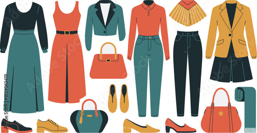 Colorful Wardrobe Dresses, Blazers, Pants, Handbags, Shoes, and a Scarf on a White Background