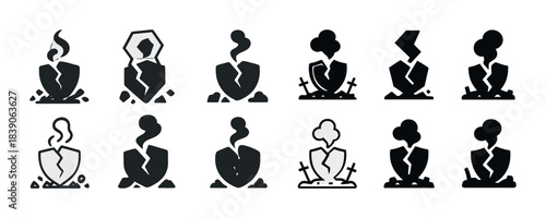 Earthquake alert icons set depicting buildings and disasters