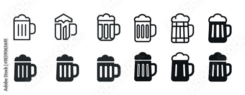 Evolution of beer mug icons: diverse styles and designs in black and white