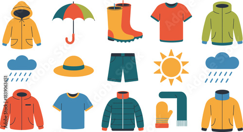 Colorful Weather Icons Depicting Sunny and Rainy Seasons with Clothing Coats, Boots, and Umbrella