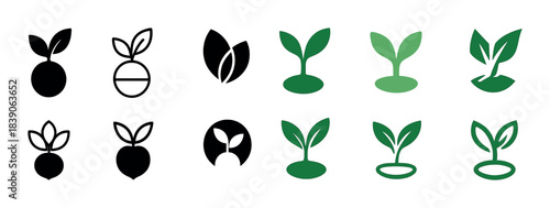 Collection of simple leaf plant icons in black and green variations