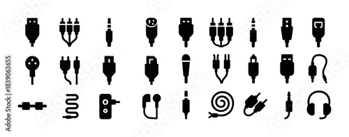 Variety of audio and video cable icon set with headphones and connectors