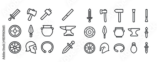 Medieval weaponry and artifacts icons set: swords, shields, helmets, and tools