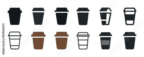 Variety of coffee cup icons in different styles and colors