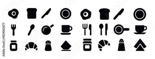 Black breakfast icons set: eggs, toast, utensils, coffee, condiments, and more