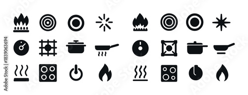 Cooking and kitchen appliance icons set: stove, burner, pot, pan, timer, flame
