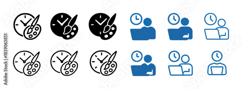 Time management and creativity icons: clocks, people, laptops, art tools in various styles
