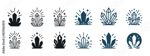 Collection of crystal icons in various geometric designs on white background