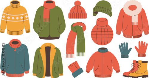 Colorful Winter Clothing and Accessories Illustration Coats, Sweaters, Hats, Scarves, Gloves, and Boots