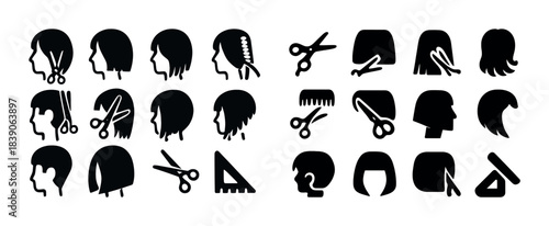 Hairstyle silhouettes and haircut tools icon set