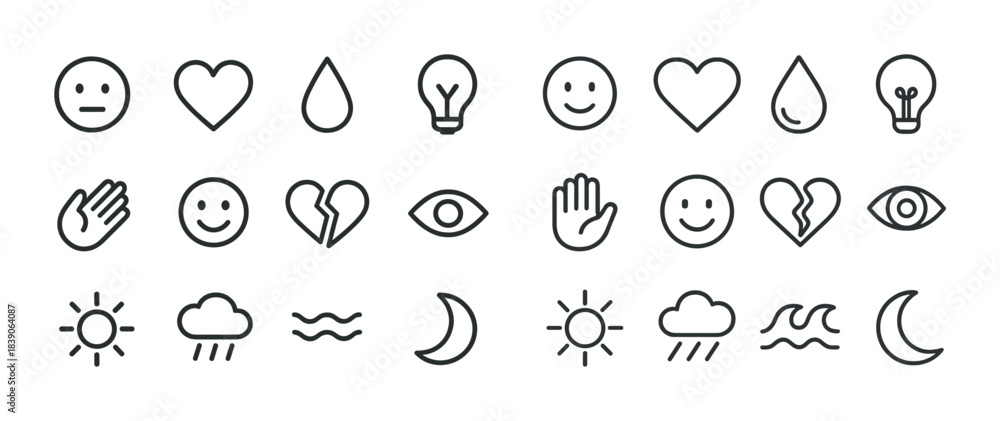 Naklejka premium Set of minimalist line icons with emotions, weather, and nature symbols