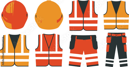 Construction Worker Safety Gear Orange Hard Hats, Reflective Vests, and Dark Work Pants