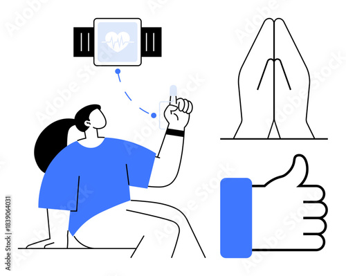 Health monitoring visual. A digital fitness tracker links with physical activity and mindfulness practices. Health monitoring to inspire fitness, wellness, and well-being. Perfect for technology