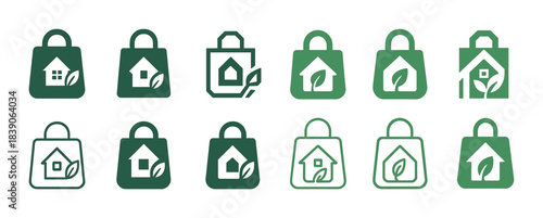 Green eco-friendly shopping bag icons with house and leaf designs
