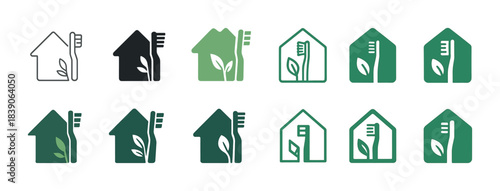 Eco-friendly house and toothbrush icons in various green and black styles