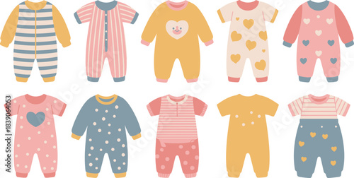Cute Cartoon Baby Clothes Bodysuits and Sleepsuits with Stripes, Hearts and Polka Dots Pattern
