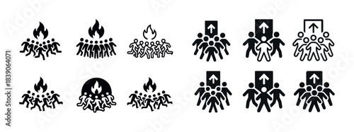 Black and white emergency evacuation and fire safety icons set