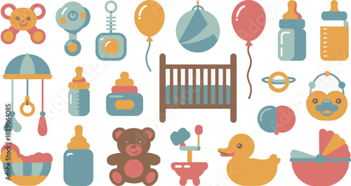 Cute Cartoon Baby Icons Set Featuring Toys, Pacifiers, Bottles, Balloons and Crib Illustration
