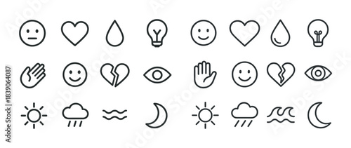 Set of minimalist line icons with emotions, weather, and nature symbols