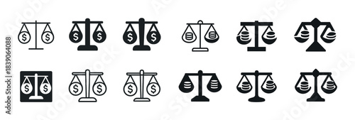 Icons of balance scales with dollar symbols in various designs