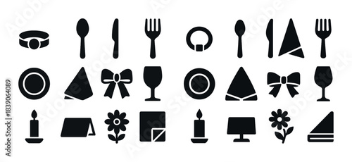 Silhouette icons of dining tableware and decorations
