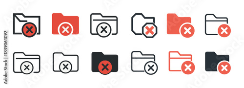 Collection of iconic red and black closed folders and files with exclamation marks