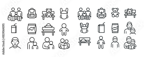 Family and travel icon set with people, bags, and objects